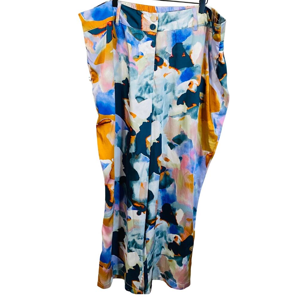 DEX Colorful Watercolor Satin Wide Leg Pant Plus Size Lightweight Casual Sz 2X